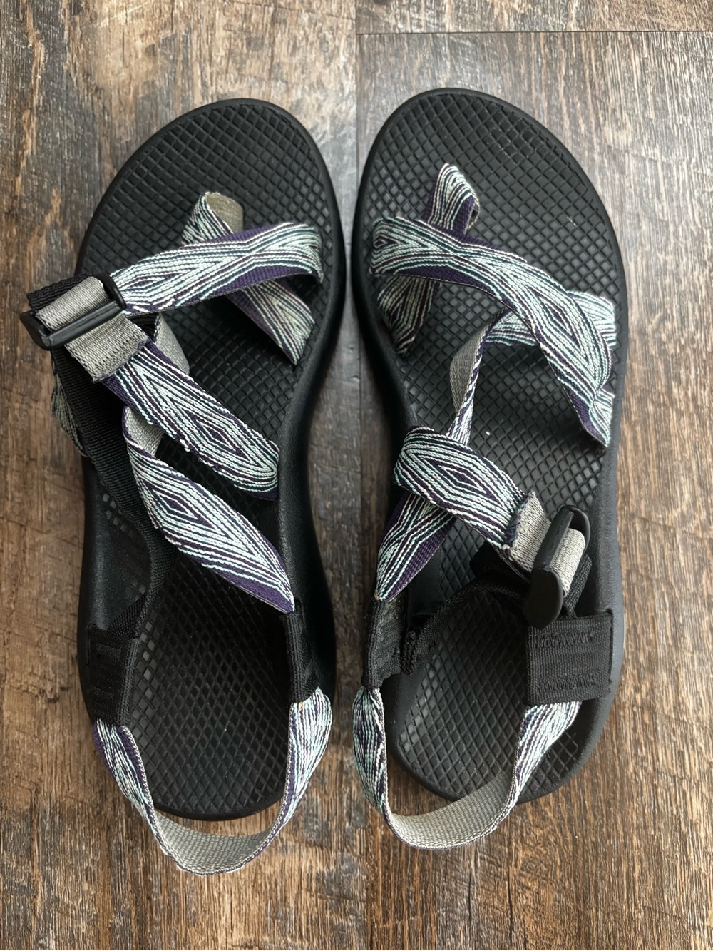 Chaco Black Sandals with Purple and White Straps
